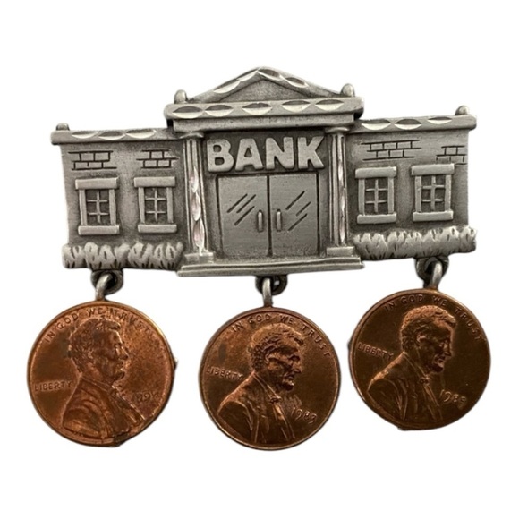 😍2/$20 US Bank With Real Pennies Brooch Signed JJ - Picture 1 of 6